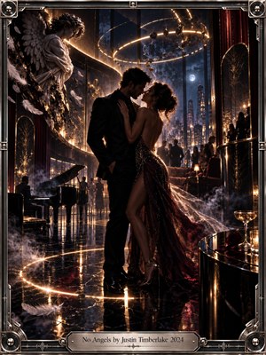 A glamorous couple embraces in a moonlit high-rise nightclub, surrounded by polished black marble, warm golden light, drifting smoke, and elegant guests. A damaged angel statue, scattered feathers, glowing circular lights, and city towers create a seductive, dangerous atmosphere. The ornate metallic frame reinforces the luxurious cinematic style.