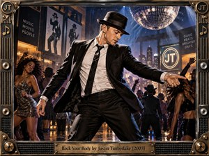 A sharply dressed male dancer commands a glamorous nightclub floor beneath a mirrored disco ball, surrounded by lively dancers and glowing city lights. Rich black, bronze, gold, and electric blue tones create sleek early-2000s energy. Dramatic spotlights, reflective surfaces, and an ornate music-themed frame give the scene polished cinematic intensity.