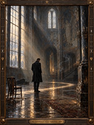 A solitary man in a dark coat stands inside a vast weathered cathedral hall, surrounded by peeling walls, empty furniture, and abandoned musical objects. Golden window light cuts through cool blue-gray shadows, reflecting across the worn floor. Atmospheric oil painting textures, drifting smoke, and dramatic architecture create quiet melancholy and isolation.