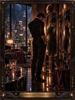 A solitary man stands in a luxurious rain-lit room, facing fragmented mirrors that repeat his brooding reflection. Warm amber and crimson highlights contrast with cool blue city lights beyond the windows. Wilted roses, whiskey, satin drapery, polished marble, and ornate bronze framing create a sensual, melancholic cinematic atmosphere.