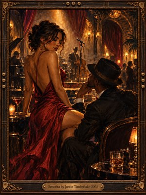 A sultry woman in a flowing crimson gown commands a smoky jazz lounge while a sharply dressed man watches from a shadowed chair. Warm amber lamps, velvet curtains, musicians, cocktails, and ornate arches create intimate tension. Rich oil-paint textures, deep browns, glowing golds, and dramatic lighting evoke sophisticated nightlife and romantic intrigue.