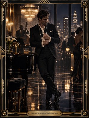 A sharply dressed man adjusts his cuff in a luxurious nighttime lounge, framed by Art Deco brass and piano-key details. Warm chandeliers, smoky shadows, polished black floors, city lights, and a nearby jazz ensemble create an elegant, seductive mood. Cinematic photographic styling emphasizes gold, black, ivory, and midnight blue.