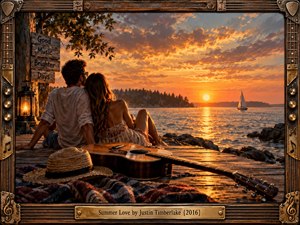 A couple relaxes on a weathered dock beside a glowing lake at sunset, surrounded by a guitar, straw hat, lantern, and patterned blanket. Warm amber light, dramatic clouds, and shimmering water create a romantic summer mood. The detailed cinematic artwork is enclosed by an ornate music-inspired wooden and brass frame.