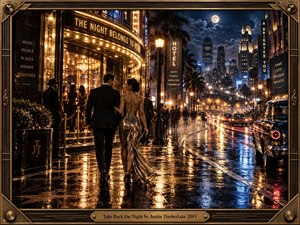 A glamorous couple walks through a rain-slicked city boulevard at night, surrounded by glowing theaters, vintage cars, palm trees, and towering illuminated buildings. Warm gold lights contrast with deep blue moonlight, creating an energetic, romantic atmosphere. Cinematic realism, reflections, elegant clothing, and sweeping streetlights evoke sophisticated nightlife and celebration.