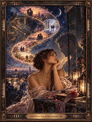 A wistful woman gazes upward from a candlelit balcony above a glowing city as an illuminated S-curve of romantic memories winds through stars, seasons, roses, and clock imagery. Rich blues, golds, and warm amber light create a dreamy, timeless atmosphere in a detailed, painterly romantic style.