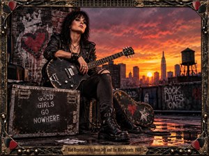 A defiant female guitarist sits on battered road cases atop a graffiti-covered city rooftop at sunset, radiating rebellious punk energy. Fiery orange and crimson skies contrast with black leather, distressed metal, and wet pavement reflections. The cinematic, hyper-detailed style features worn instruments, industrial textures, bold shadows, and an ornate rock-inspired frame.