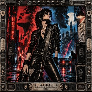 A leather-clad rocker stands defiantly with her guitar in a rain-slick neon city alley. Crimson and electric blue lights illuminate the smoky skyline, while ghostly faces, lightning bolts, and distant silhouettes suggest desire and rebellion. Distressed screen-print textures and an ornate, guitar-inspired metal frame complete the gritty composition.