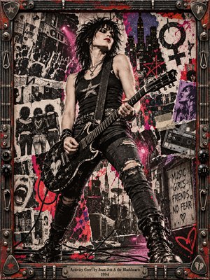A defiant black-haired guitarist commands a gritty punk collage, framed by distressed metal, amplifier knobs, and guitar picks. Torn posters, cheering crowds, cassette imagery, and rebellious symbols fill an urban backdrop. Crimson and magenta splashes pierce grainy monochrome textures, while dramatic club lighting fuels the raw, fearless 1990s energy.