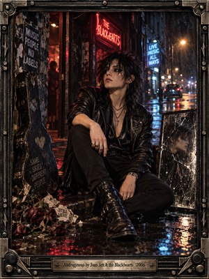 An androgynous rocker in black leather sits outside a rain-soaked music club, surrounded by glowing neon signs and wet pavement. A cracked mirror, battered guitar case, and wilted roses suggest rebellion and vulnerability. Red and blue lighting creates a moody cinematic atmosphere, enclosed within an ornate metallic frame.