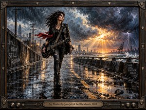 A defiant female rocker strides along a rain-soaked waterfront, carrying her electric guitar beneath swirling storm clouds. Golden sunlight breaks through darkness as lightning illuminates the distant skyline. Windblown hair, crimson fabric, and shimmering reflections energize the textured oil painting, enclosed within an ornate, guitar-inspired metallic frame.