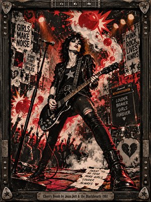 A fierce black-haired guitarist commands a smoky punk stage, boots planted wide beneath fiery red spotlights. Explosive cherry-red bursts, torn posters, cheering silhouettes, and battered amplifiers surround her. Gritty black, crimson, and ivory screen-print textures capture rebellious energy, enclosed by a weathered metal guitar-themed frame and engraved title plate.