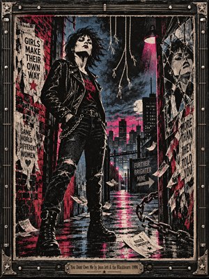 A defiant woman in a leather jacket dominates a rain-soaked city alley, surrounded by torn posters, broken chains, and dangling ropes. Crimson and magenta reflections illuminate cold blue shadows beneath a stormy skyline. Distressed screen-print textures, fractured glass, and a guitar-inspired metal frame amplify the rebellious, independent atmosphere.