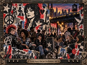 A gritty punk collage depicts diverse people sharing laughter beneath an elevated train at dusk. Joan Jetts portrait dominates torn posters, guitars, peace symbols, and vinyl records. Warm streetlights illuminate crimson, charcoal, and weathered blue textures. A decorative metallic frame completes this vibrant celebration of unity and individuality.