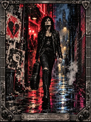 A defiant black-haired rocker strides through a rain-soaked city alley, carrying a guitar case beneath crimson neon. Torn posters, chain-link fencing, steam, and distant skyscrapers surround her. Electric blue reflections slice across wet pavement, while gritty screenprint textures heighten the rebellious mood. A weathered metallic guitar-themed frame completes the scene.