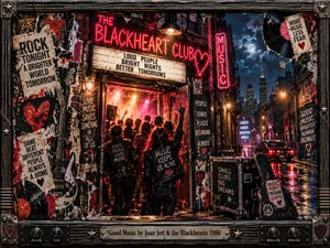 A gritty mixed-media rock club glows beneath crimson neon on a rain-soaked city street. Leather-clad fans enter beneath blazing lights as torn posters, electric guitars, and vinyl records decorate weathered brick walls. Magenta, amber, and midnight blue illuminate the rebellious atmosphere, enclosed by an ornate metal frame and engraved title plate.