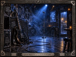 An empty rock club glows beneath icy blue spotlights, its battered guitar, amplifier, drum kit, and lone microphone awaiting performers. Rain streaks the windows while amber lamps soften the melancholy atmosphere. Expressive brushwork, weathered posters, reflective floorboards, and a winding cable animate the scene within a guitar-inspired frame and engraved title plate.