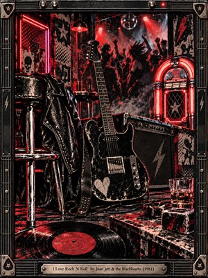 A battered black electric guitar stands beside a leather jacket in a smoky rock club, surrounded by glowing red neon, a jukebox, vinyl records, and shadowy dancers. Crimson spotlights pierce the darkness, illuminating scratched surfaces and gritty posters. A riveted metal frame completes the rebellious, vintage screen-printed composition.
