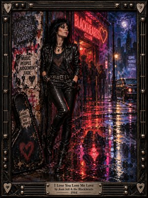 A leather-clad rocker stands confidently outside a neon-lit club on a rainy city night. Crimson, violet, and electric blue reflections shimmer across wet pavement beneath a moonlit skyline. Torn posters, a guitar case, and shadowy figures suggest rebellious romance. Rich painterly textures fill an ornate guitar-inspired metallic frame.