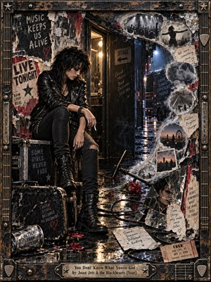A weary black-haired rocker sits amid battered road cases in a rain-soaked backstage alley. Torn concert posters, faded photographs, shattered mirrors, and a wilted rose trace a winding path of lost memories. Warm dressing-room lights contrast with cold blue reflections, while a guitar-themed metal frame completes the gritty, melancholic collage.