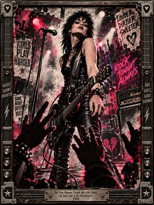 A leather-clad punk guitarist commands a smoky nightclub stage as silhouetted hands reach toward her. Crimson and magenta spotlights illuminate a microphone, amplifiers, and weathered posters. The gritty, screen-printed composition radiates rebellious energy, surrounded by a distressed metal frame featuring guitar-inspired details, decorative hardware, and an engraved title plate.