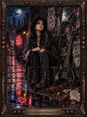 A leather-clad rocker sits alone in a rain-soaked city alley, her weary gaze reflected in shattered glass. Crimson neon shimmers across puddles beside a battered guitar and fallen roses. Moonlight, smoky shadows, and torn posters deepen the heartbreak in this richly textured oil painting, enclosed by an ornate guitar-themed frame.
