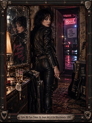 A leather-clad rocker glances over her shoulder in a weathered motel room, her face doubled in a cracked mirror. Pink neon reflects across rain-soaked pavement beyond an open doorway. A guitar, whiskey glass, and room key suggest restless departure. Smoky shadows and a riveted metal frame evoke gritty 1990 rock photography.