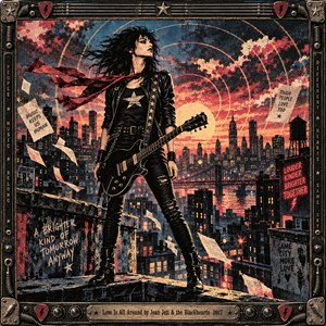 A defiant black-haired guitarist stands above a sprawling city at sunset, her scarf whipping through glowing rings of light. Crimson clouds and golden reflections contrast with dark rooftops and distant bridges. Distressed screen-print textures, drifting posters, and gritty graffiti create rebellious warmth, enclosed by an ornate guitar-inspired metal frame with engraved lettering.