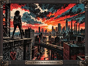 On a weathered rooftop, a lone leather-clad guitarist faces a sprawling industrial city beneath a blazing red-orange sunset. Elevated trains, bridges, and wet streets stretch into smoky blue-black shadows. Distressed screen-print textures sharpen the rebellious, hopeful atmosphere, while a riveted, guitar-string metal frame surrounds the scene and its engraved title plate.