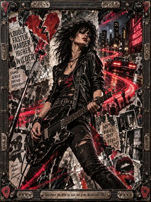 A fierce black-haired guitarist dominates a gritty punk rock collage, surrounded by torn posters, crimson streaks, and flashing neon lights. A speeding car winds through rain-soaked city streets while silhouetted crowds raise their hands. Distressed metallic framing, guitar hardware, and an engraved title plate amplify the rebellious, electrifying atmosphere.