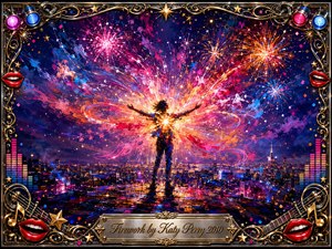 A silhouetted figure stands above a glowing nighttime city, arms outstretched as radiant fireworks and swirling ribbons of pink, gold, blue, and violet erupt around them. The mood is triumphant and uplifting, with dramatic backlighting, textured painterly brushwork, sparkling confetti, and an ornate chrome-and-gold musical frame surrounding the scene.