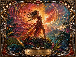 A triumphant woman stands amid lush jungle foliage, her flowing fiery dress and windblown hair radiating confidence beneath a glowing orange, magenta, and teal sky. Painterly acrylic textures, swirling sound-wave patterns, and dramatic backlighting heighten the energetic mood, while an ornate gold-and-chrome musical frame and engraved title plate complete the composition.
