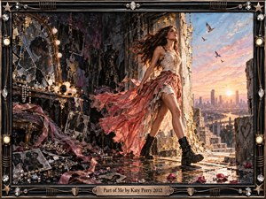 A determined woman strides from a shattered, shadowy room into a glowing city dawn, her torn pink-and-white dress streaming behind her. Broken mirrors, photographs, pearls, and scattered debris suggest a painful past left behind. Warm gold, coral, and blue light contrast darkness, creating a dramatic, textured mixed-media scene of resilience and renewal.