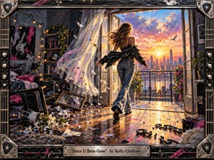 A young woman strides from a chaotic apartment toward a radiant city sunrise, her hair and jacket swept by fresh air. Cool charcoal shadows, neon pink accents, and scattered debris contrast with golden coral light beyond the balcony. Thick painterly textures, broken chains, billowing curtains, and a rock-inspired metallic frame emphasize liberation.