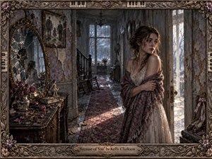 A solitary young woman stands in a decaying mansion, wrapped in a mauve shawl beside cold window light. A shattered mirror, faded family portrait, scattered roses, worn floorboards, and abandoned furnishings deepen the sense of memory and emotional fracture. Muted grays, dusty purples, and warm highlights create a haunting, painterly realism.
