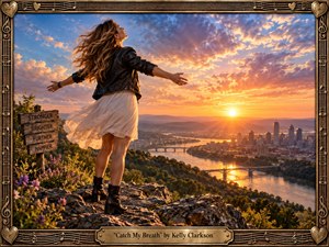 A windswept woman stands on a rocky overlook above a river and distant city, arms outstretched toward a radiant sunset. Warm gold, orange, violet, and blue light create an uplifting, liberated mood. Cinematic realism, wildflowers, dramatic clouds, reflective water, rustic signposts, and an ornate music-themed bronze frame enrich the composition.