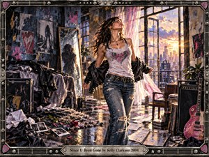 A liberated young woman strides through a cluttered urban loft, framed by torn posters, scattered photographs, roses, records, and rock equipment. Warm sunset light pours through open windows, contrasting with the dark, distressed interior. Rich pinks, golds, blacks, and denim blues create a rebellious, triumphant, painterly atmosphere.