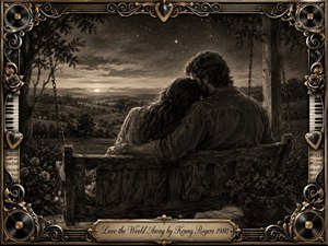A tender couple embraces on a rustic porch swing overlooking rolling countryside at twilight, creating a peaceful sense of love and escape. Deep charcoal textures, soft sepia tones, glowing horizon light, and emerging stars add warmth and nostalgia. An ornate musical frame of gold filigree, piano keys, records, roses, and guitar motifs surrounds the scene.