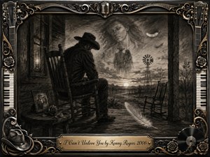 A solitary cowboy sits hunched in a rocking chair on a weathered porch at dusk, surrounded by memories of lost love. Deep feathered charcoal textures, smoky grays, and soft sepia highlights create a mournful atmosphere. Ghostly figures, drifting feathers, an empty chair, windmill, roses, and ornate musical framing deepen the nostalgic composition.