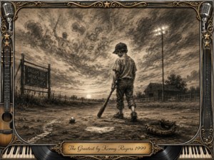 A young boy stands alone on a rustic baseball field at dusk, bat lowered beside him as a ball and glove rest in the dirt. Deep sepia charcoal textures, glowing field lights, and ghostly cheering figures create a reflective, hopeful mood. An ornate music-themed frame surrounds the nostalgic scene.