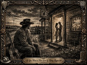 A richly textured charcoal-and-sepia country scene shows a contemplative cowboy seated beside an acoustic guitar, watching a couple share a tender moment outside a warmly lit dance hall. Dramatic dusk clouds, a pickup truck, rustic woodwork, glowing windows, and flowing musical notes create a wistful, hopeful mood within an ornate gold-trimmed musical frame.