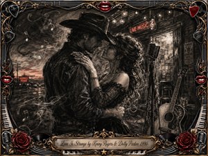 A tender couple embraces outside a smoky honky-tonk at dusk, surrounded by drifting musical notes, a vintage microphone, and an acoustic guitar. Deep charcoal textures create a romantic, mysterious mood, enriched with muted reds and gold highlights. An ornate music-themed frame features roses, lips, piano keys, records, and elegant filigree.