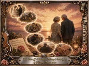 An elderly couple stands hand in hand beside glowing water at sunset, surrounded by feathered memory scenes of marriage, family, hardship, and lifelong devotion. Warm gold, rose, cream, and sepia tones create a tender nostalgic mood. An ornate music-themed frame, roses, instruments, rings, sheet music, and engraved title plate complete the romantic digital painting.