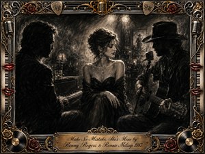 A poised woman sits between two shadowed musicians in a smoky vintage lounge, creating a tense, romantic triangle. Deep charcoal blacks, silvery grays, and warm gold accents heighten the dramatic lighting. Feathered textures, piano and guitar details, red roses, lips, microphones, vinyl records, and ornate metallic framing evoke passion, rivalry, and emotional certainty.