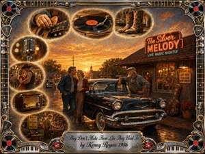 A richly textured Americana painting captures a warm small-town sunset, centered on a vintage Chevrolet, an affectionate mature couple, and an older craftsman outside a glowing roadside music venue. Feathered memory vignettes show a guitar, vinyl record, cowboy boots, microphone, dancing couple, radio, and workshop, framed by ornate chrome-and-gold musical details.