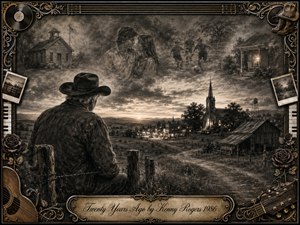 A solitary older cowboy gazes across a quiet rural town at sunset, surrounded by ghostlike memories of youth, love, childhood, and home. Deep charcoal and sepia textures create a wistful, reflective mood, while soft horizon light warms the scene. An ornate music-themed frame, roses, guitars, piano keys, and engraved title plate complete the nostalgic composition.
