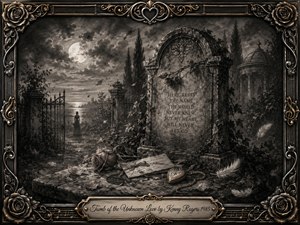 A moonlit cemetery surrounds a weathered tomb draped in ivy, roses, feathers, and tokens of lost affection. Deep charcoal textures, smoky grays, and warm metallic accents create a mournful, romantic atmosphere. An ornate music-inspired frame encloses the scene, while a distant solitary figure and glowing moon deepen its haunting sense of memory.