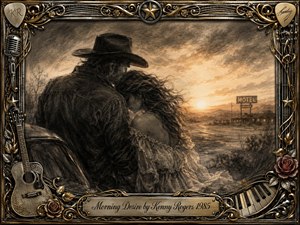 A tender couple leans together beside a quiet roadside at sunrise, surrounded by smoky charcoal textures and warm amber light. The wistful country-romance mood blends deep sepia shadows with glowing mist and distant motel lights. An ornate chrome-and-gold musical frame features guitars, roses, piano keys, stars, and an engraved title plate.