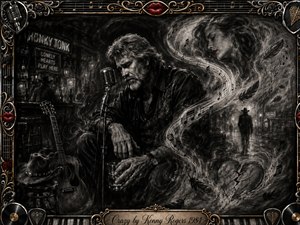 A weary country singer sits beside a vintage microphone and acoustic guitar in a shadowy honky-tonk, surrounded by swirling music, drifting feathers, a ghostly woman, and a cracked heart. Deep charcoal textures, smoky grayscale tones, selective crimson accents, and gold-trimmed musical framing create a dramatic, lonely, dreamlike atmosphere.