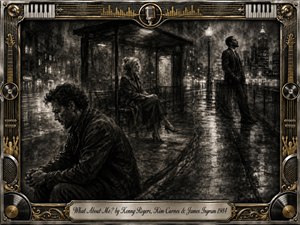 Three solitary figures occupy a rain-soaked city night, arranged across a reflective street and bus shelter in a poignant charcoal composition. Deep blacks, smoky grays, and warm metallic highlights create a melancholy, cinematic mood. An ornate chrome-and-gold music-themed frame surrounds the scene, finished with an engraved title plate.