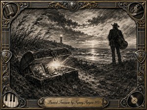 A weathered treasure chest glows beside a windswept shoreline as a lone cowboy musician gazes across the sea, guitar at his side. Deep charcoal textures, dramatic clouds, soft sunset light, and distant lighthouse create a reflective, nostalgic mood. An ornate bronze-and-gold musical frame surrounds the richly detailed scene.